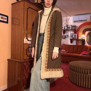 1970s hippie Wool blend hooded embroidered fur trimmed penny lane coat!